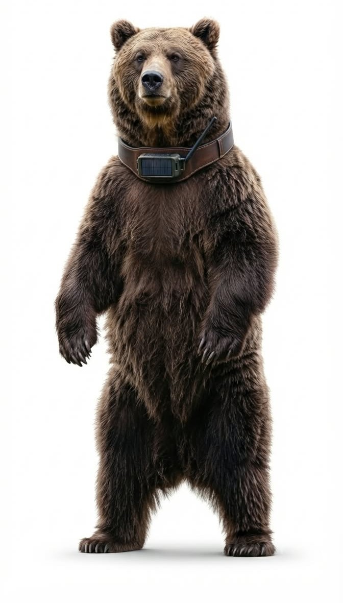 A grizzly bear standing upright wearing a collar with a solar LoRa node