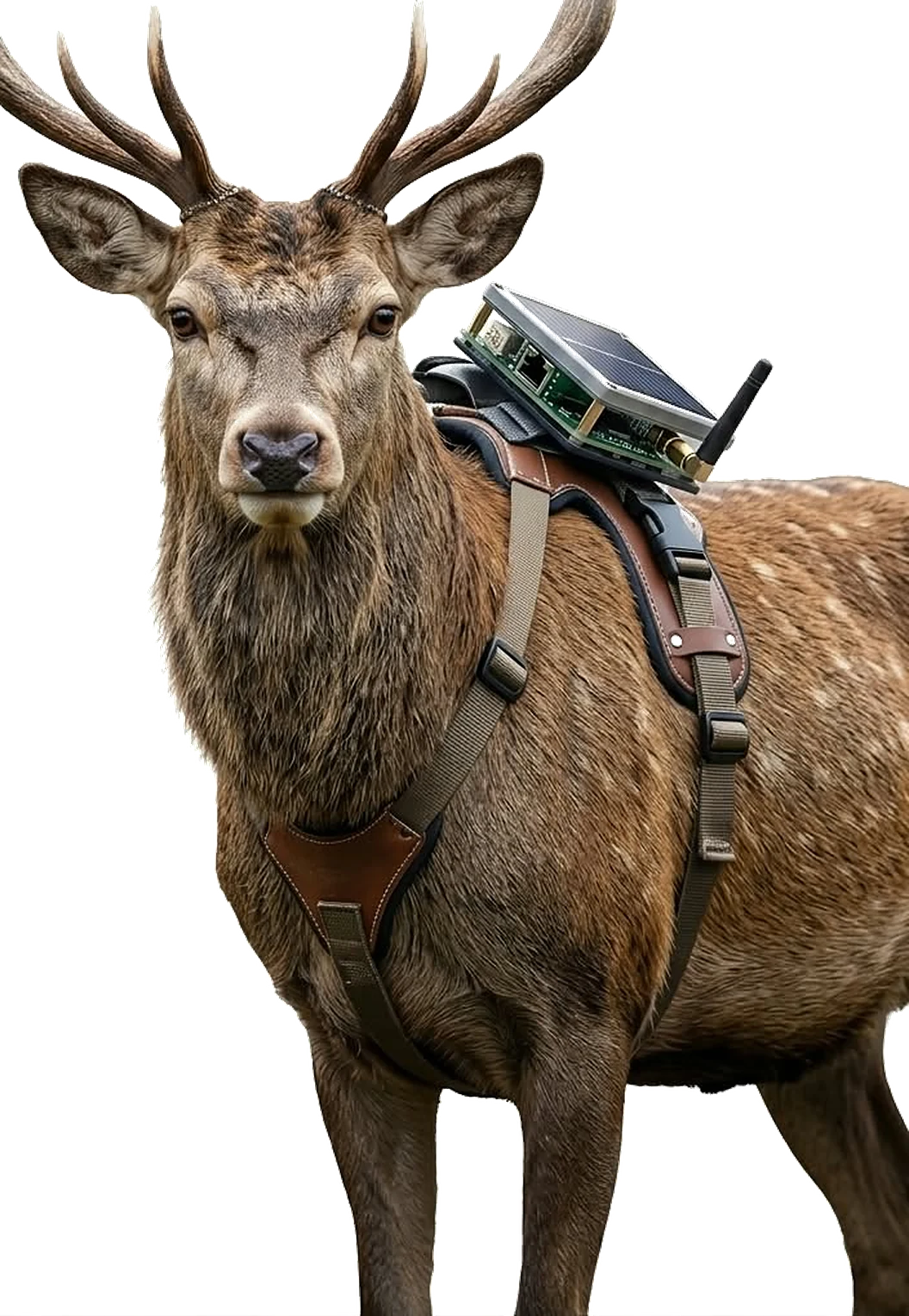 A stag wearing the AntlerFlok solar Meshtastic harness
