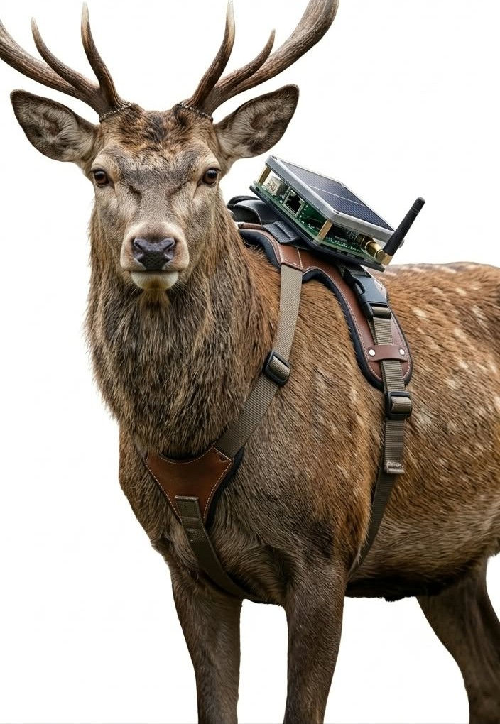 A red deer stag wearing a harness with a solar LoRa node and short antenna on its back