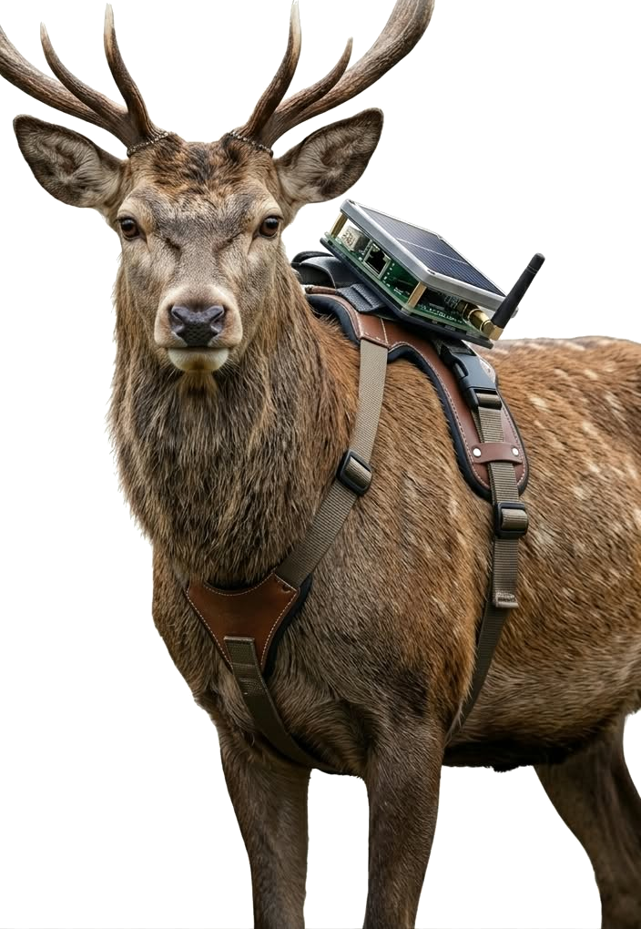 A stag wearing the AntlerFlok solar Meshtastic harness