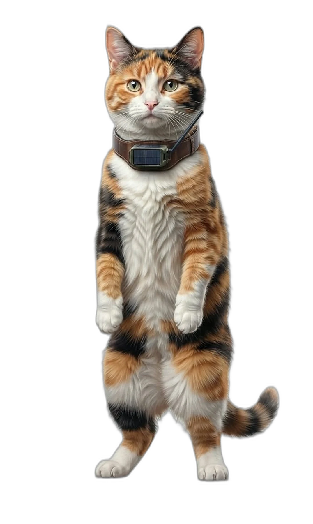 A calico working cat wearing the Cat City breakaway LoRa collar