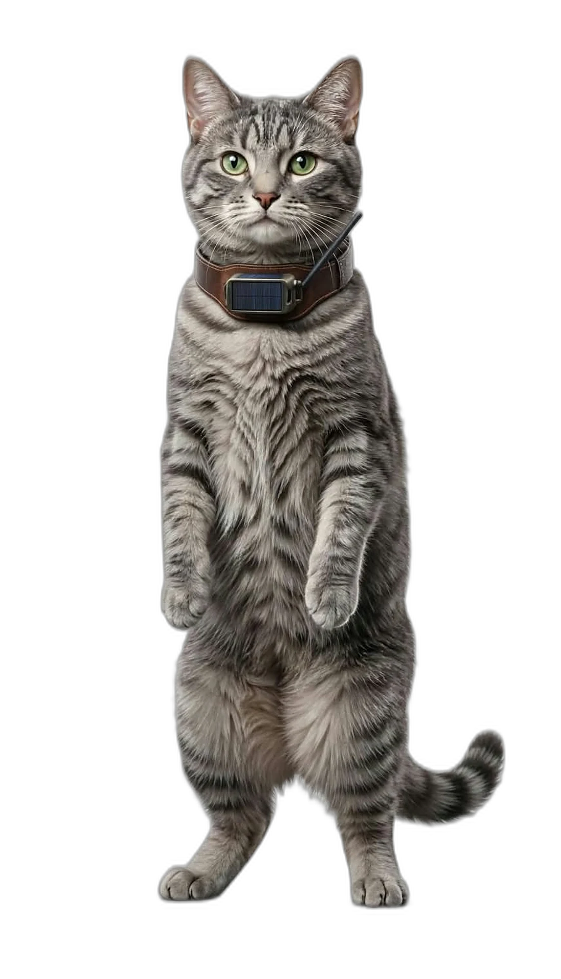 A tabby working cat standing up in the Cat City breakaway LoRa collar