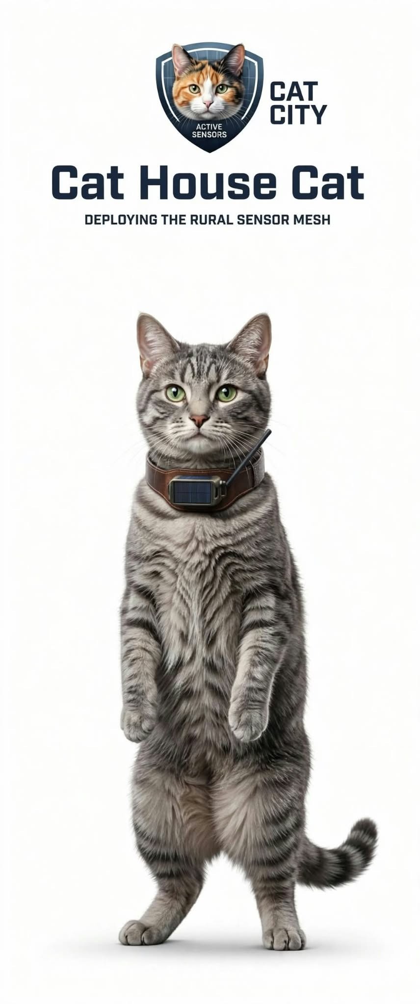 Cat House Cat: a grey tabby standing with a collar node, with the Cat City shield