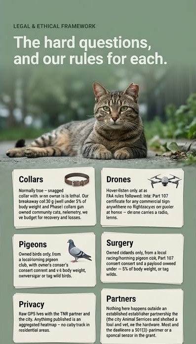 The hard questions and our rules: collars, drones, pigeons, surgery, privacy, partners