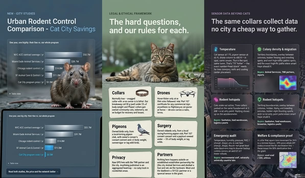 Three screens: rodent-control spend comparison (Studies), the hard questions and our rules (Cats), and the sensor data the collars collect (Data)
