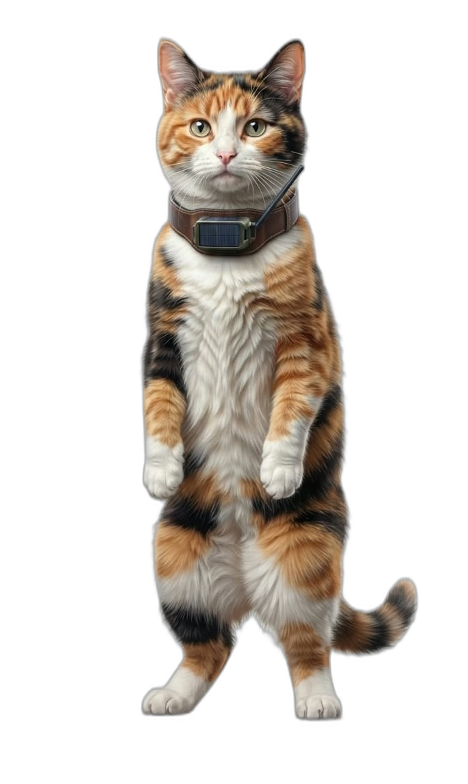 A calico community cat standing, wearing the Cat City collar node