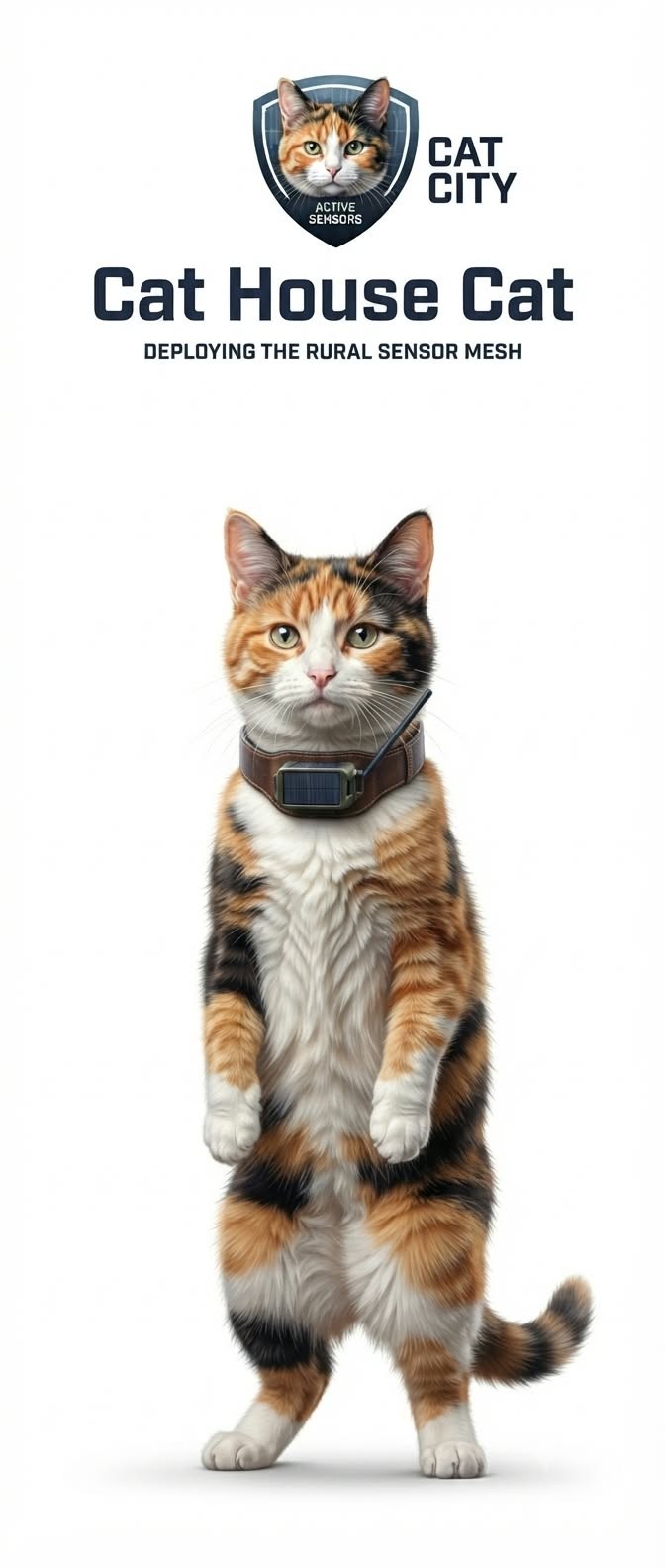 Cat House Cat: a calico with a collar node, with the Cat City shield