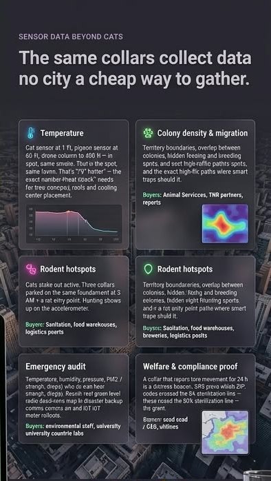 Sensor data beyond cats: temperature, colony density, rodent hotspots, emergency audit, welfare proof