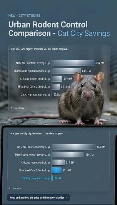 Urban rodent control comparison: NYC, Miami-Dade, Chicago and SF budgets next to the Cat City program