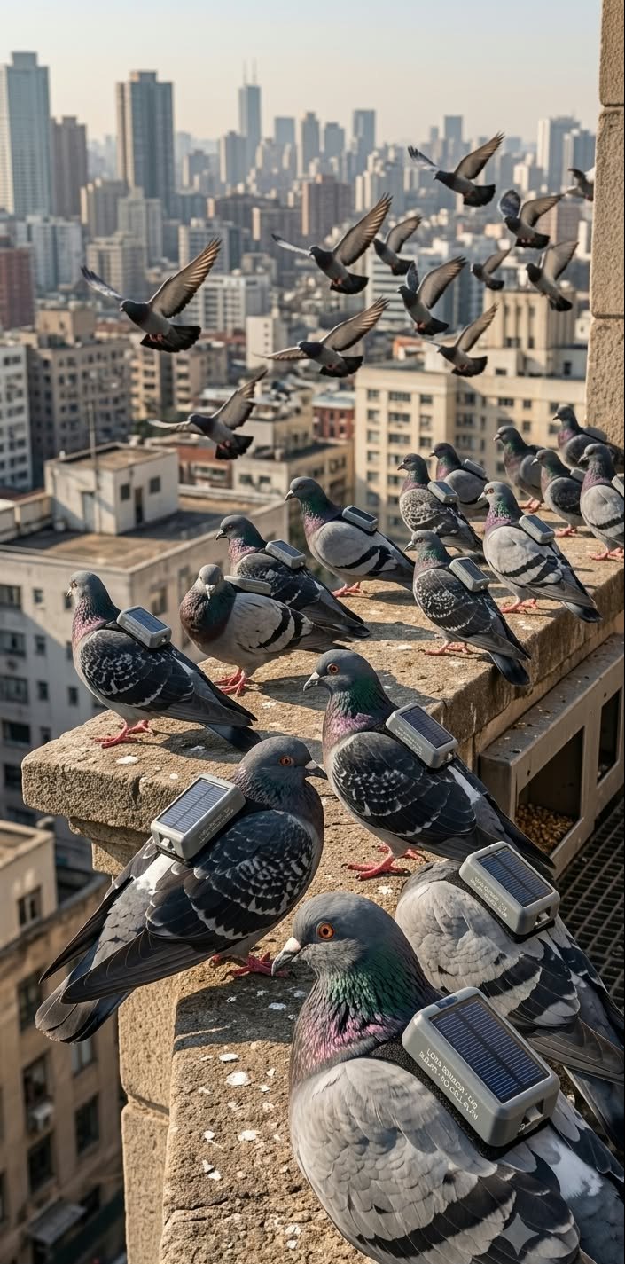 Tagged city pigeons on a rooftop ledge