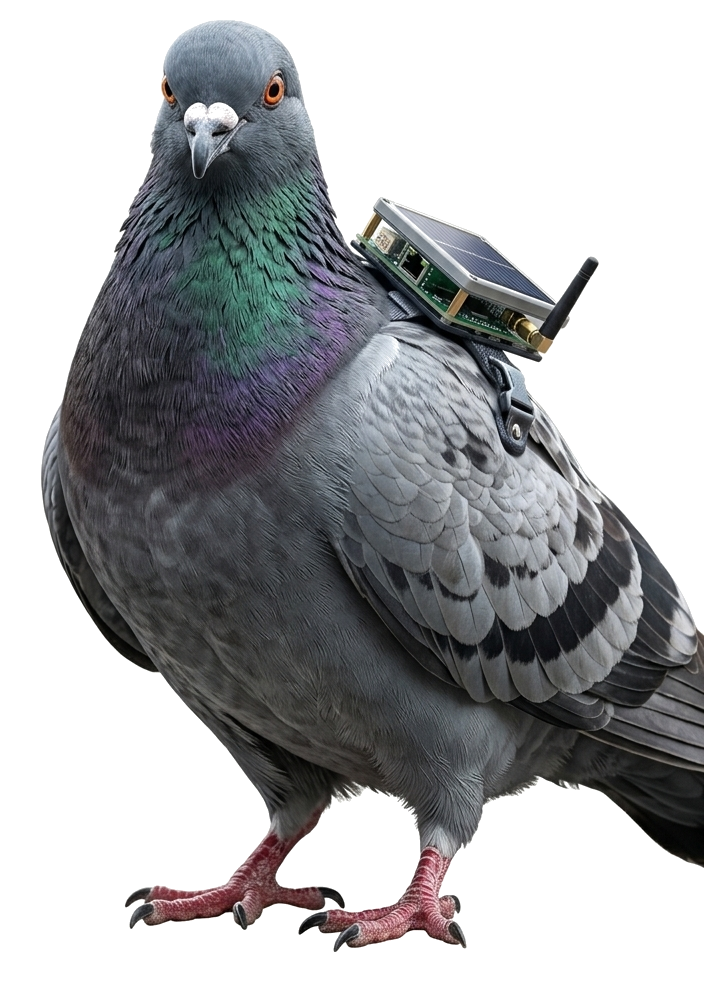 A pigeon wearing the PidgeyFLok solar Meshtastic tag