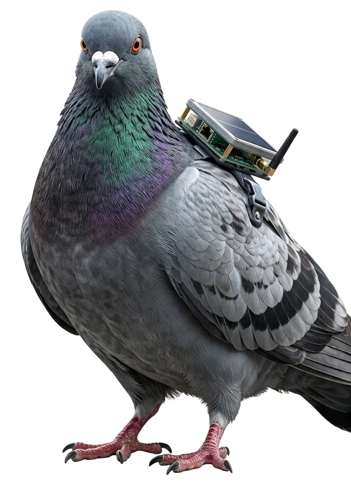 A pigeon wearing the PidgeyFLok solar Meshtastic tag