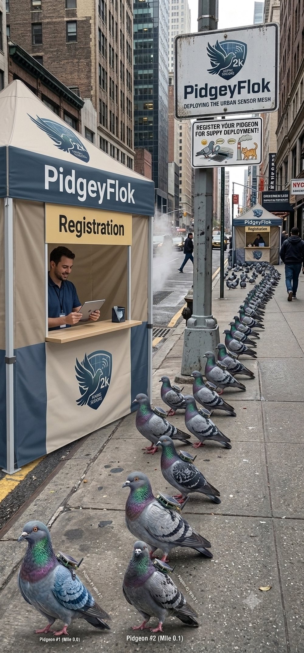 Concept art: pigeons wearing tags line up at a PidgeyFlok registration tent on a city sidewalk