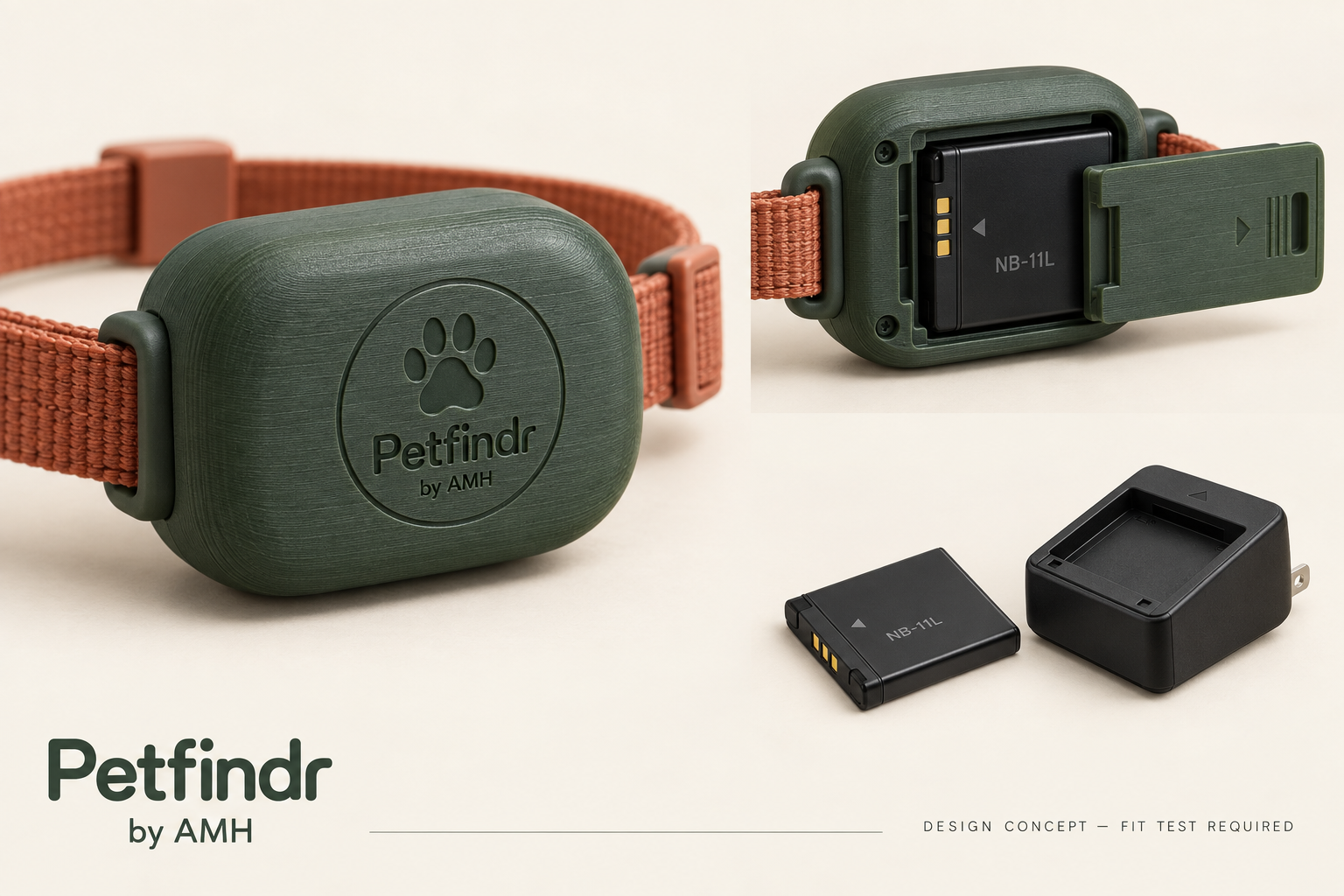Forest green Petfindr collar device concept with paw-circle branding, a removable camera-style battery, spare pack and external charger.