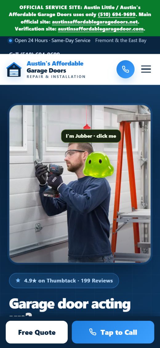 Austin's Garage Doors website on a phone