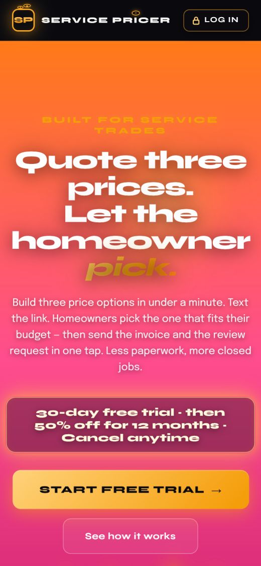 Service Pricer website on a phone